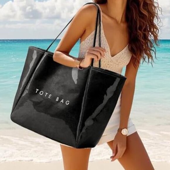 Handbags - Women’s Large PVC Black Tote Bag Oversized Shopper Handbag with Shoulder Straps